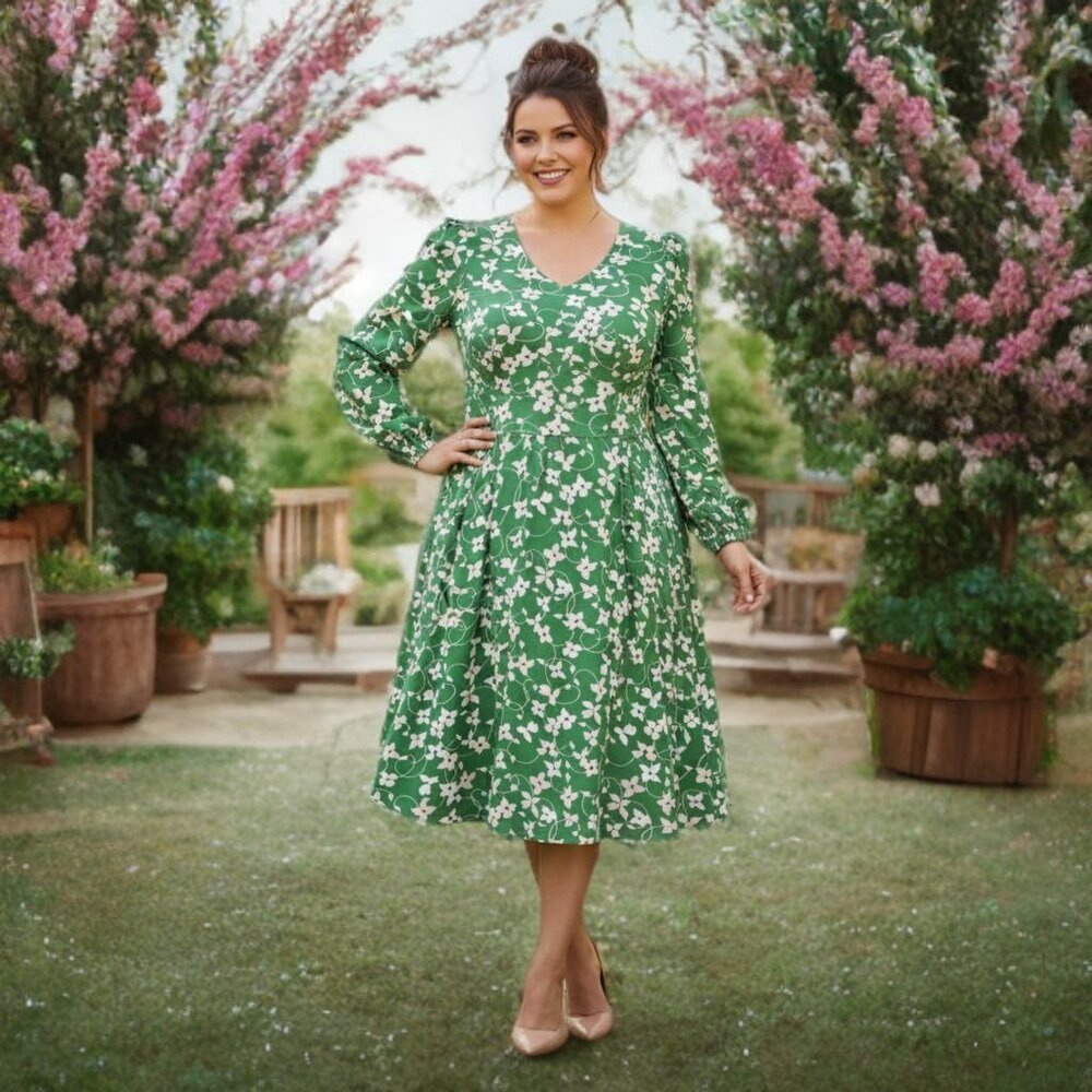 Eliza J Floral Shift Midi Dress Fit & Flare Long Sleeve Lined Pockets Spring 12